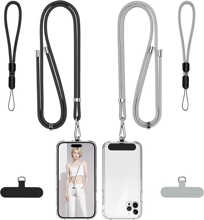 takyu Phone Lanyard, 2 Pack Adjustable Cell Phone Lanyard Crossbody Neck Strap & 2 Pack Phone Wrist Strap with 2 Pcs Tether Tabs Compatible for iPhone Android Smartphones-Black Grey
