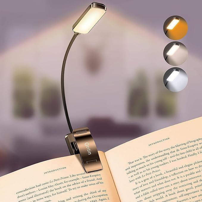 LED Rechargeable Book Light for Reading in Bed - Eye Caring 3 Color Temperatures,Stepless Dimming Brightness,80 Hrs Runtime Small Lightweight Clip On Book Reading Light for Studying